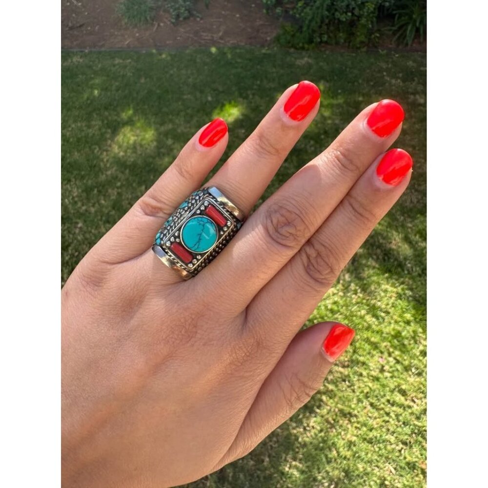 ONE OF A KIND! Handmade Turquoise & Coral Statement Ring Size 10